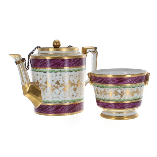 145 - 19th cylindrical porcelain teapot and cover with a matching sugar bowl, the teapot with fitted gilt ... 