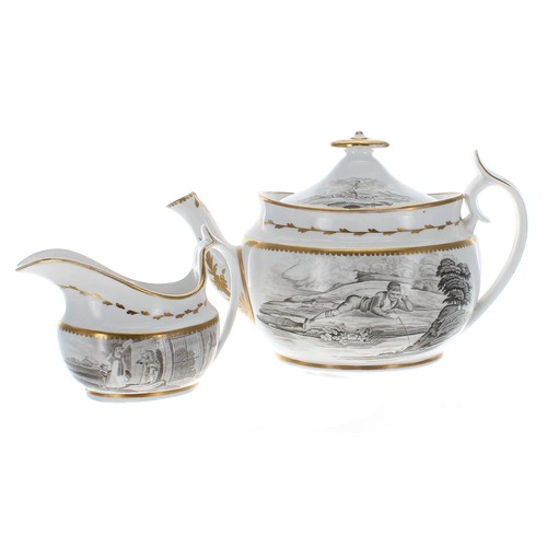 132 - Spode early 19th century bat printed porcelain teapot and cream jug; together with similar pattern S... 