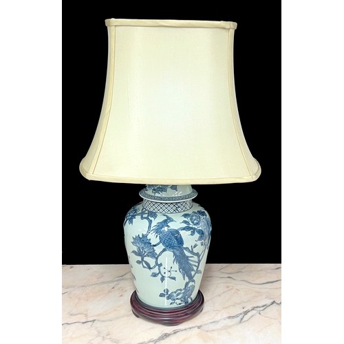 263 - Modern Chinese blue and white table lamp with shade, in the form of a temple jar, 26.25