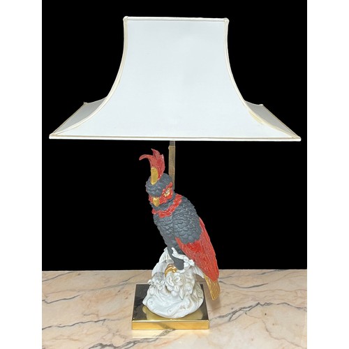 162 - Good pair of Italian Societa Porcellane Aristiche Cockatoo table lamps, the bird figures mounted upo... 