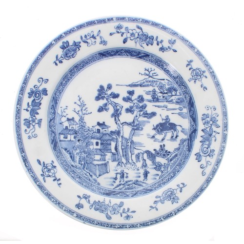 262 - Chinese blue and white porcelain plate, depicting a landscape with a man riding a water buffalo, wit... 