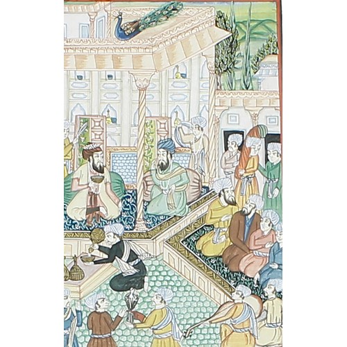 353 - Persian School - Elegantly dressed men in a palace interior, with a peacock on a roof nearby, also f... 