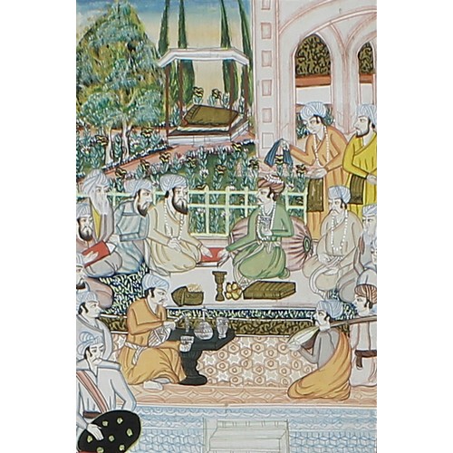 353 - Persian School - Elegantly dressed men in a palace interior, with a peacock on a roof nearby, also f... 