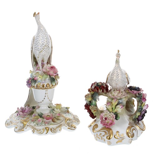 161 - Two Royal Crown Derby Imari Peacocks, on moulded floral rococo bases, 10