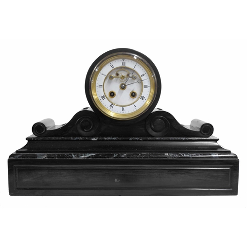 2308 - French black slate and green veined marble drumhead two train mantel clock, the movement striking on... 