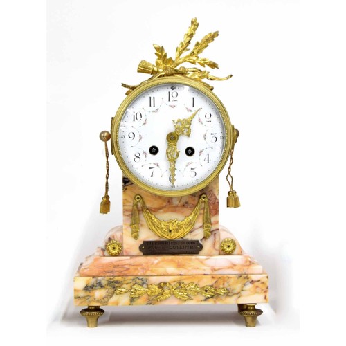 2301 - French ormolu and coloured marble two train drumhead mantel clock, the movement with outside countwh... 