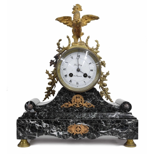 2302 - French ormolu and green veined marble drumhead two train mantel clock, the 3.75