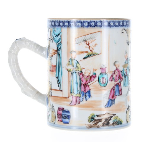 290 - Chinese export famille rose porcelain tankard, painted with scenes of figures in typical palette on ... 