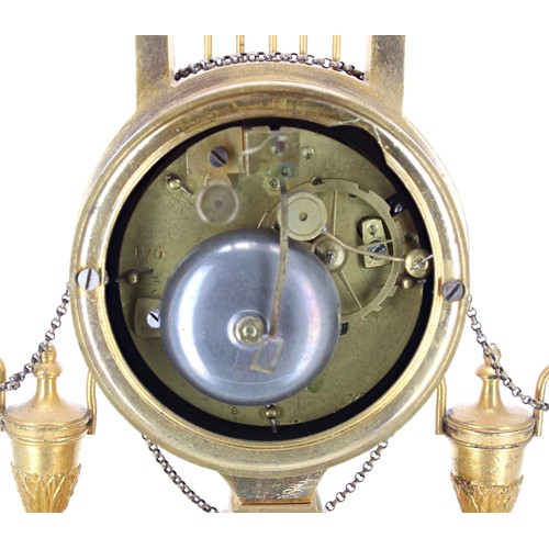 85 - French Empire ormolu two train mantel clock with silk suspension striking on a bell, 3