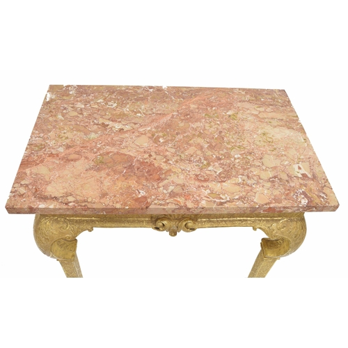 567 - George I giltwood side table in the manner of James Moore, the breche violette marble top over a car... 