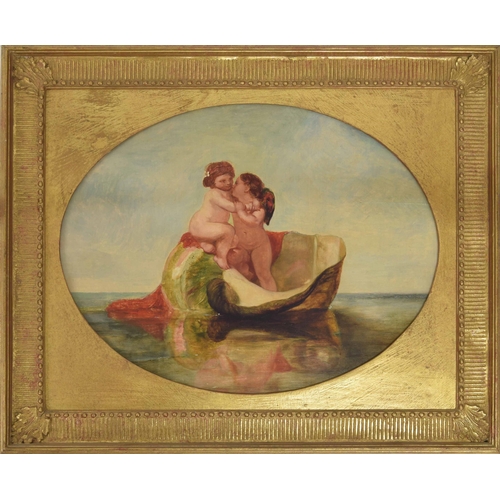 430 - Follower of William Etty (19th century) - two Putti seated in a conical shell upon an open sea, oil ... 