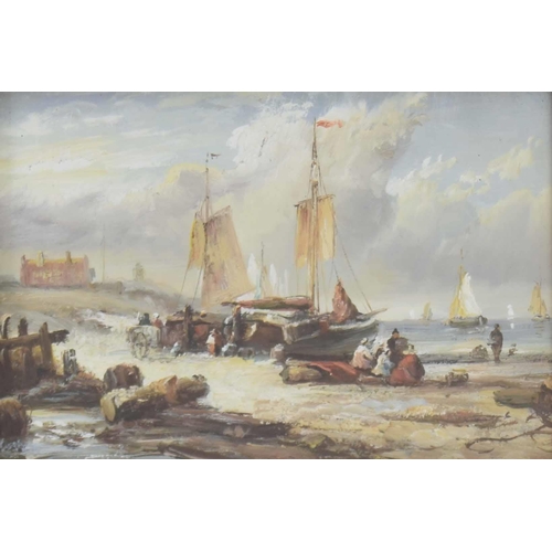 439 - Continental School (20th century) - a beach scene at low tide with figures unloading fishing boats, ... 