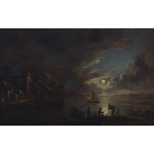 442 - Attributed to Jean-Francois De Wouters (18th century) - moonlight river landscape with figures besid... 