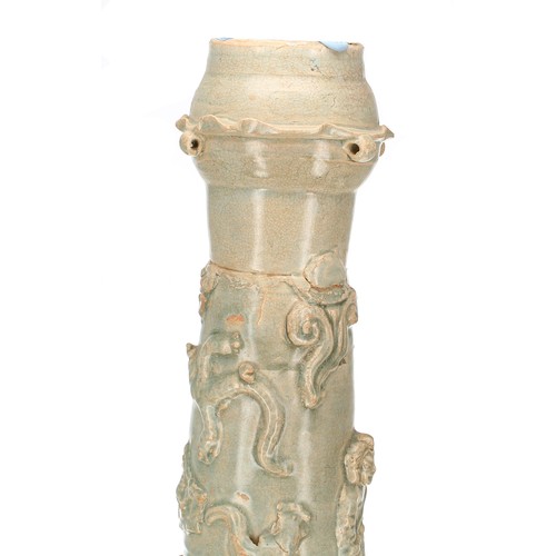 269 - Tall Chinese Qingbai glazed pottery slender vase and cover, possibly Song dynasty, with Daoist decor... 