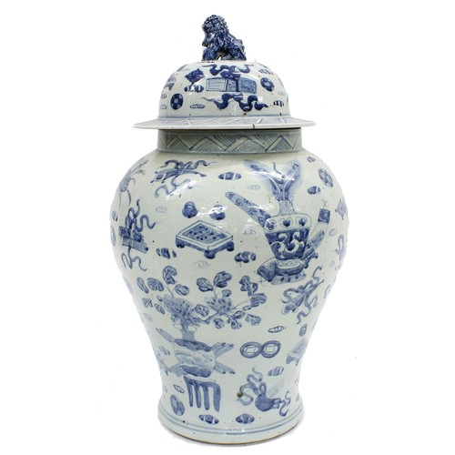 278 - Large Chinese blue and white porcelain baluster temple jar and cover, decorated with scrolls, vases ... 