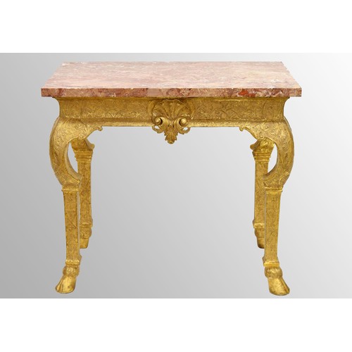 567 - George I giltwood side table in the manner of James Moore, the breche violette marble top over a car... 