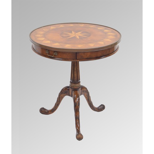 562 - Good quality reproduction parquetry inlaid drum occasional table, the parquetry top with applied met... 