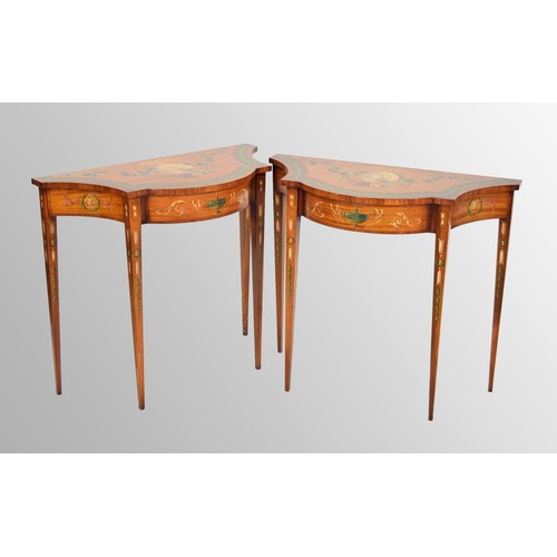 560 - Attractive fine pair of satinwood crossbanded and painted side tables in the Adam style, each with o... 