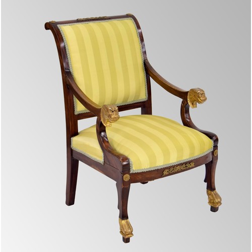 551 - Early 19th century French mahogany armchair in the manner of Thomas Hope, the back with applied gilt... 