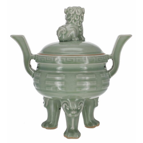 222 - Chinese celadon glaze porcelain tripod censer and cover, with a 'Dog of Fo' finial, 20th century, 12... 