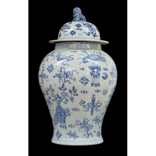 278 - Large Chinese blue and white porcelain baluster temple jar and cover, decorated with scrolls, vases ... 