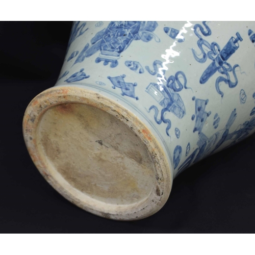 278 - Large Chinese blue and white porcelain baluster temple jar and cover, decorated with scrolls, vases ... 