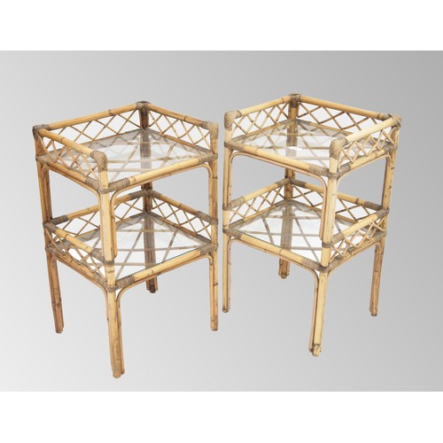 496 - Pair of bamboo bedside two tier open tables with inset glass shelves, 16