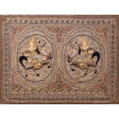 357 - Large Indian embroidered and sequin textile panel, worked with two figures on horseback, each shown ... 