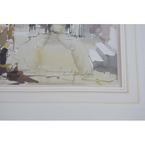 924 - John Yardley Hon Rtd RI (b. 1933) - Street scene with workers beside a doorway to a house, signed, p... 