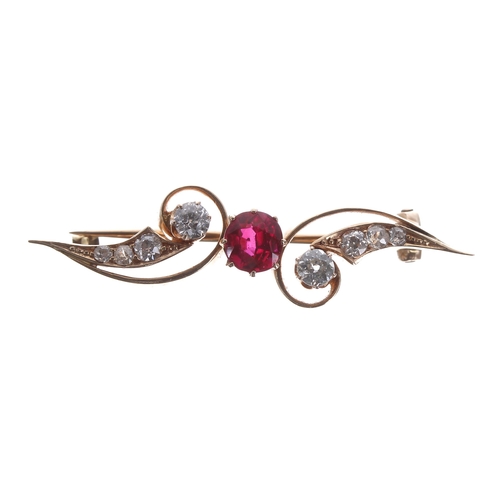 136 - Attractive old-cut diamond and synthetic ruby brooch, 6.1gm, width 41mm