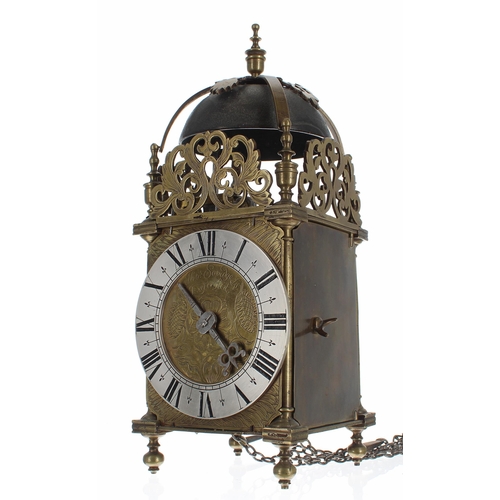 1303 - 19th century English brass hook and spike lantern clock, the foliate engraved dial signed Thos. Savi... 