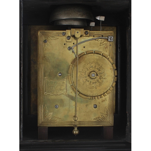 1313 - English ebonised double fusee verge table clock, the movement back plate signed James Clowes, Londin... 