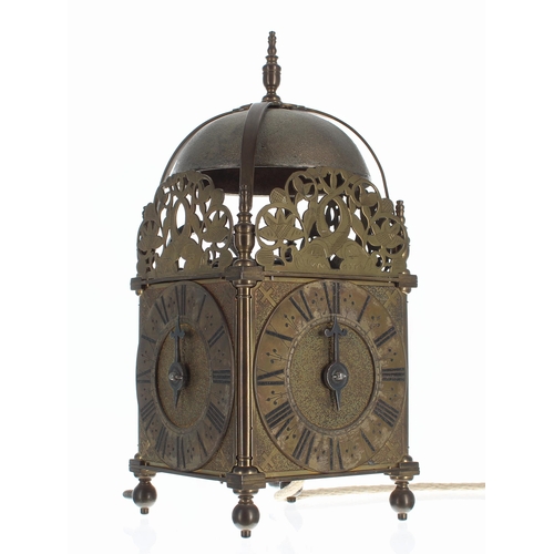 1305 - Interesting and unusual reproduction brass verge three-sided hook and spike lantern clock, the three... 