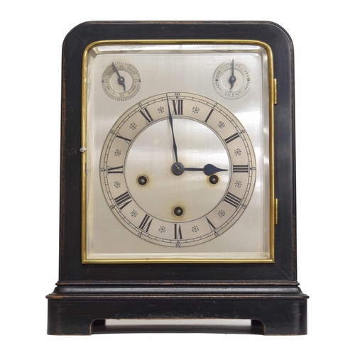 1508 - German ebonised three train mantel clock, the movement back plate stamped with the Lenz Furtwangler ... 