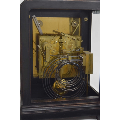 1508 - German ebonised three train mantel clock, the movement back plate stamped with the Lenz Furtwangler ... 