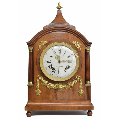 1509 - Unusual French mahogany and walnut month going two train bracket clock, the 7.5