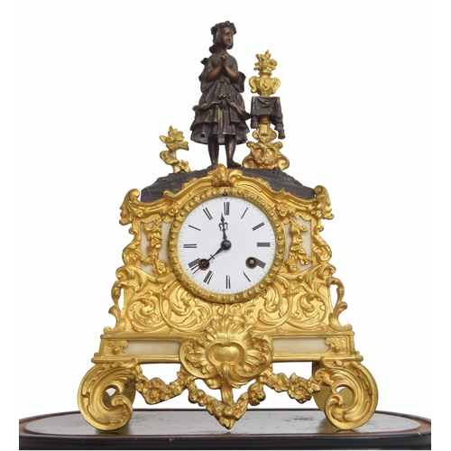 1510 - French ormolu, bronze and white marble figural two train mantel clock, the movement with silk suspen... 