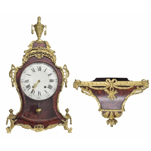 1511 - Good faux tortoiseshell and brass mounted two train Neuchatel balloon bracket clock and bracket, the... 