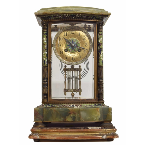 1515 - Good French green onyx and champlevé two train four glass mantel clock, the Mougin movem... 