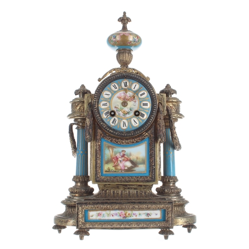 1519 - French ormolu and porcelain mounted two train small mantel clock, the Japy Freres movement signed He... 