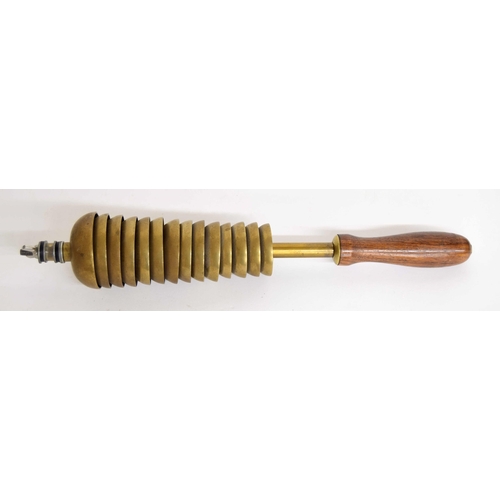 2102 - Good set of fourteen graduated brass bells, fitted onto a cylindrical bar with turned wooden handle... 