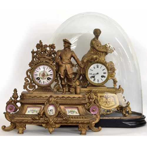 2320 - French gilded spelter two train figural mantel clock striking on a bell, the 3.5