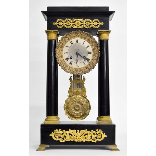 2322 - French ebonised portico two train mantel clock, the movement with outside countwheel striking on a b... 