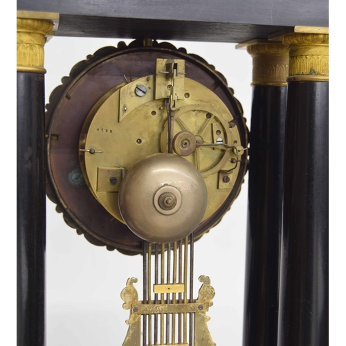 2322 - French ebonised portico two train mantel clock, the movement with outside countwheel striking on a b... 