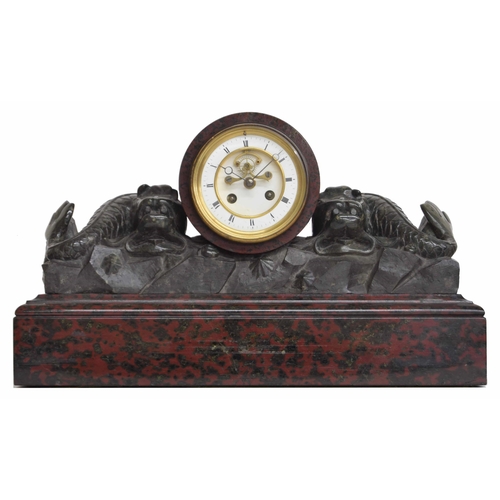 2325 - Unusual French red and green marble two train drumhead mantel clock, the S. Marti movement with outs... 