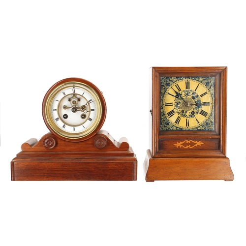 2314 - Small French mahogany two train drumhead mantel clock, the movement back plate bearing the Henry Mar... 