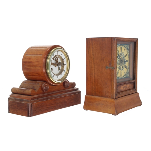 2314 - Small French mahogany two train drumhead mantel clock, the movement back plate bearing the Henry Mar... 