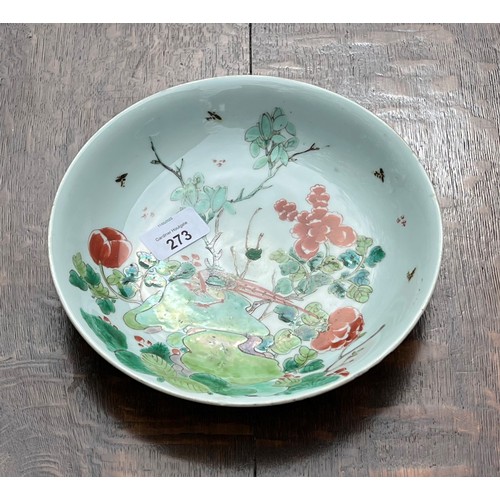 273 - Chinese famille verte porcelain circular shallow bowl, decorated with a bird admist a garden setting... 