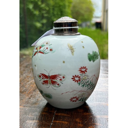 289 - Chinese famille verte porcelain ginger jar with a repoussé white metal cover, painted with chrysanth... 