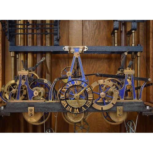 1319 - Good cast iron three train turret clock playing on five tubular bells, bearing a maker's silver plat... 